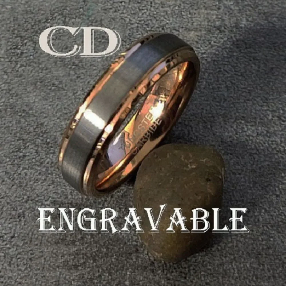 Engraved Men's Real Rose Gold Tungsten Wedding Ring 14 Rose Gold Brushed Steel